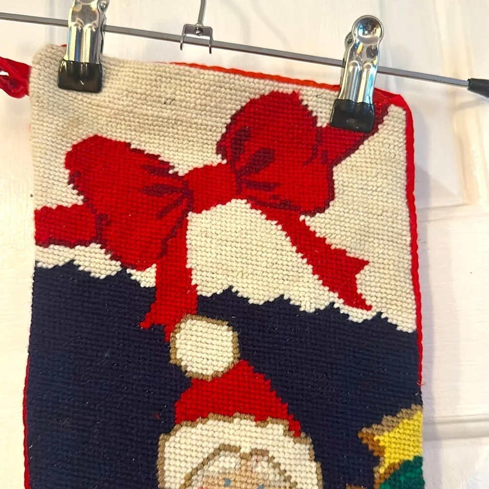 Vintage Needlepoint Christmas St. Nicholas with Reindeer Velvet Backed Stocking